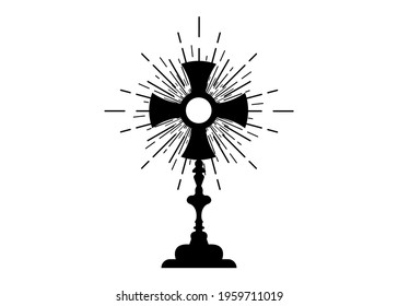 Monstrance. Ostensorium used in Roman Catholic, Old Catholic and Anglican ceremony traditions. Benediction of the Blessed Sacrament is used to displayed to Eucharistic host. Vector isolated on white 