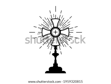 Monstrance. Ostensorium used in Roman Catholic, Old Catholic and Anglican ceremony traditions. Benediction of the Blessed Sacrament is used to displayed to Eucharistic host. Vector isolated on white 