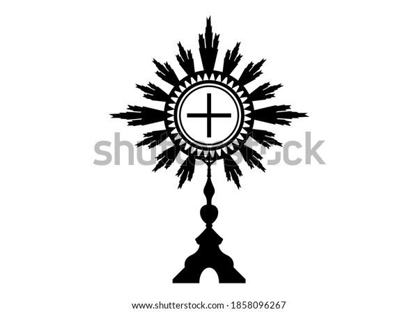 Monstrance. Ostensorium used in Roman Catholic, Old\
Catholic and Anglican ceremony traditions. Benediction of the\
Blessed Sacrament is used to displayed to Eucharistic host. Vector\
isolated on white 