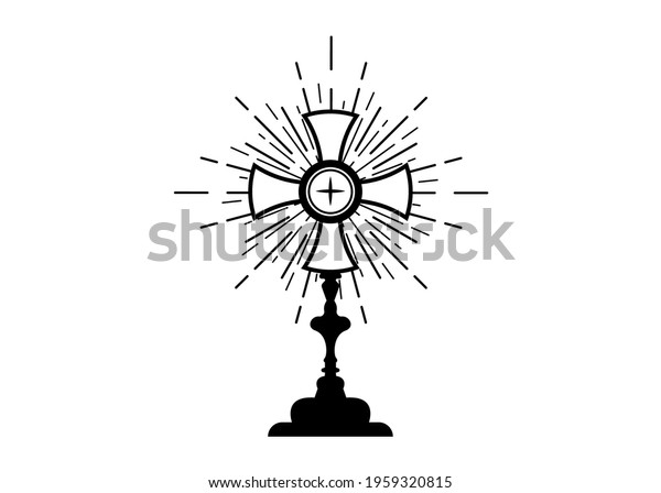 Monstrance. Ostensorium used in Roman Catholic, Old\
Catholic and Anglican ceremony traditions. Benediction of the\
Blessed Sacrament is used to displayed to Eucharistic host. Vector\
isolated on white 