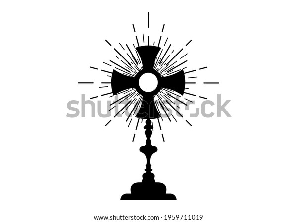 Monstrance. Ostensorium used in Roman Catholic, Old
Catholic and Anglican ceremony traditions. Benediction of the
Blessed Sacrament is used to displayed to Eucharistic host. Vector
isolated on white 
