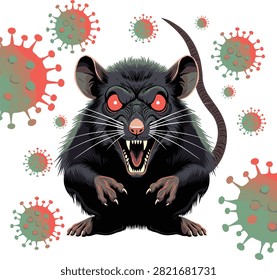 Monstrous aggressive rat vector illustration with sharp teeth surrounded by coronavirus virus particles pandemic theme