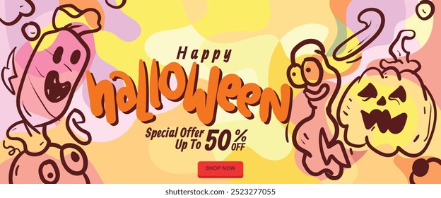 Monstrous Faces Halloween 
 concept. abstract geometric liquid form. monster halloween with hand drawn banner template vector illustration.