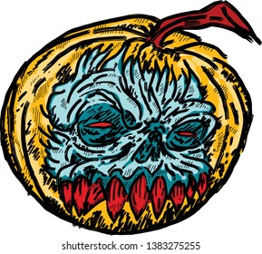 A monstrous grim reaper emerging from a pumpkin for Halloween concept. Hand drawn vector illustration. 