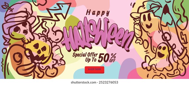 Monstrous Halloween Bash concept. abstract geometric liquid form. monster halloween with hand drawn banner template vector illustration.