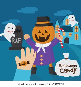 Monstrous halloween pumpkin cartoon, vector illustration