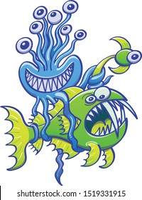 Monstrous octopus posing and grinning while catching a deep sea fish. The green abyssal fish with crossed eyes and long fangs doesn't stop complaining while the multi-eyed monster keeps it trapped