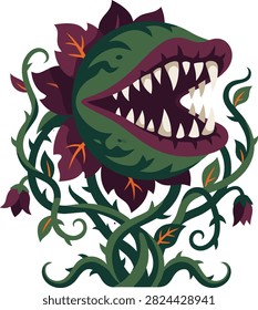 Monstrous Venus flytrap plant with open toothy mouth, purple leaves, and swirling thorny vines with flowers isolated on white background.
