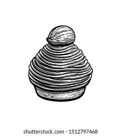 Mont Blanc dessert with chestnuts. French pastry. Ink sketch isolated on white background. Hand drawn vector illustration. Retro style.