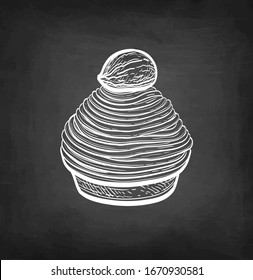 Mont Blanc dessert with chestnuts. French pastry. Chalk sketch on blackboard background. Hand drawn vector illustration. Retro style.