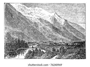 Mont Blanc, Monte Bianco, le Mont Blanc near Chamouny vintage engraving. Old engraved illustration of Mont Blanc (Monte Bianco) in Italy, also in France.