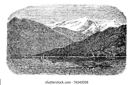 Mont Blanc, mountain, Lake Geneva, Switzerland and France, old engraved illustration of Mont Blanc, mountain, Lake Geneva, Switzerland and France, 1890s. Trousset Encyclopedia