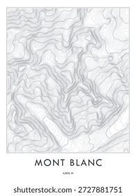 Mont Blanc topographic map print. Minimalist contour lines art.