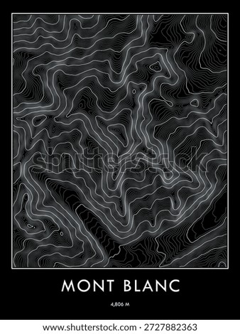 Mont Blanc topographic map print in dark theme. Minimalist contour lines art.