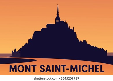 A majestosa silhueta do Monte Saint-Michel ao pôr do sol oferece uma cena intemporal sobre o mar, misturando a arquitetura medieval com a beleza natural da costa