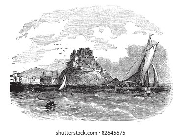 Mont Orgueil Castle in Jersey, during the 1890s, vintage engraving. Old engraved illustration of Mont Orgueil Castle with moving ships in front. Trousset encyclopedia (1886 - 1891).