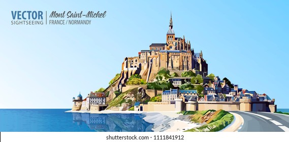 Mont Saint Michel cathedral on the island. Abbey. Normandy, Northern France, Europe. Landscape. Beautiful panoramic view. Vector illustration