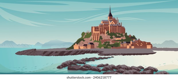 Die Kathedrale des Mont Saint Michel auf der Insel. Abtei. Normandie, Nordfrankreich, Europa. Landschaft. Schöner Panoramablick. Vektorgrafik