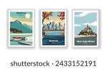 Mont Saint Michel, France. Montreal, Canada. Montreux, Switzerland - Set of 3 Vintage Travel Posters. Vector illustration. High Quality Prints