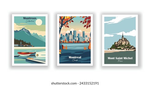 Mont Saint Michel, France. Montreal, Canada. Montreux, Switzerland - Set of 3 Vintage Travel Posters. Vector illustration. High Quality Prints