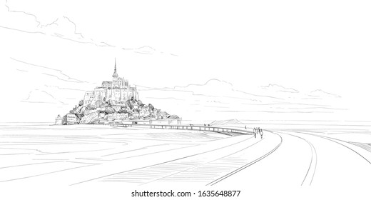 Mont Saint Michel. France. Urban sketch. Hand drawn vector illustration