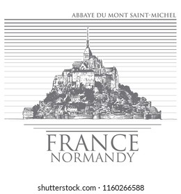 Mont Saint Michel, Normandy. General view of the island and the abbey from the road to Pontorson. Hand-drawn vector monochrome illustration stylized for wood engraving.