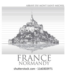 Mont Saint Michel, Normandy. General view of the island. Hand-drawn vector monochrome illustration stylized for wood engraving.