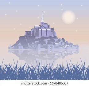 Abtei Mont Saint-Michel im Nebel, Frankreich. Vektorillustration, EPS10