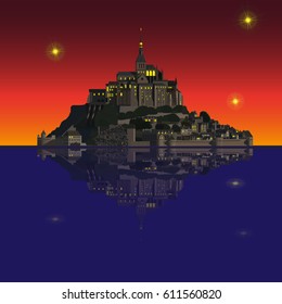 Mont Saint-Michel Abbey and its reflection in the Couesnon river at night. Vector illustration EPS10