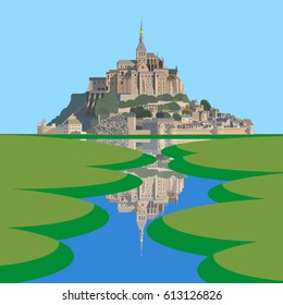 Mont Saint-Michel Abbey and its reflection in the Couesnon river. Vector illustration EPS10