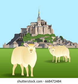 Mont Saint-Michel Abbey and sheep on a pasture. Vector illustration EPS10