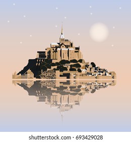 Mont Saint-Michel Abbey at sunset, France. Tidal island, town and abbey. Vector illustration EPS10