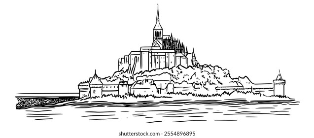 Mont Saint-Michel France doodle hatching vector sketch