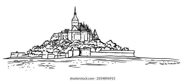 Mont Saint-Michel France doodle hatching vector sketch