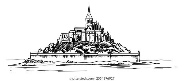 Mont Saint-Michel France doodle hatching vector sketch