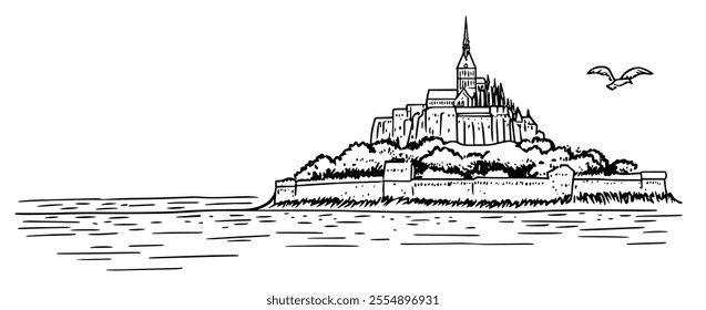 Mont Saint-Michel France doodle hatching vector sketch