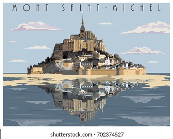 Mont Saint-Michel, Normandy, France. Handmade drawing vector. Vintage style.