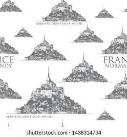 Mont Saint-Michel, Normandy. General view of the island against the background of the night moon sky. Hand-drawn vector monochrome Sketch seamless pattern stylized as  engraving 