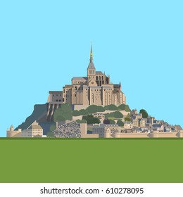 Mont Saint-Michel - tidal island, town and abbey. France. Vector illustration EPS10