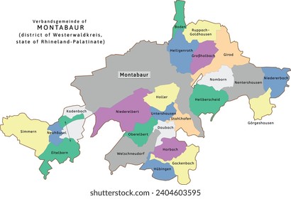 Montabaur verbandsgemeinde map of Westerwaldkreis district Rhineland-Palatinate (Rheinland-Pfalz) state in Germany. Vectored. Retro colors