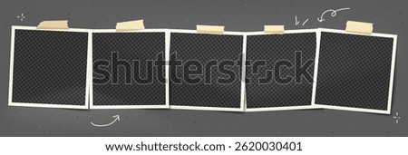 Montage Collage Frames for 5 Photo. At the grey concrete bg. Collage trendy banner design with yellow tapes and doodle arrows. Vector Layout Template.