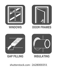 Montage foam purposes square icons set in monochrome style - for assembling door frames and windows, filling gaps and insulating