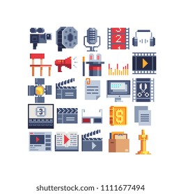 Montage movie, cinema pixel art 80s icons set. Retro camera, video player, clapperboard, movie shooting isolated vector illustration. 8-bit sprite. Element design for mobile app, web, sticker, logo.
