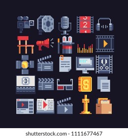 Montage movie, cinema pixel icons set. Retro camera, video player, clapperboard and editor isolated vector illustration. Gallery of films. 8-bit sprite. Design for mobile app, web, sticker, logo.