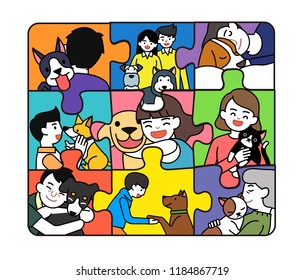 Montage that shows a lot of people who love dogs and cats