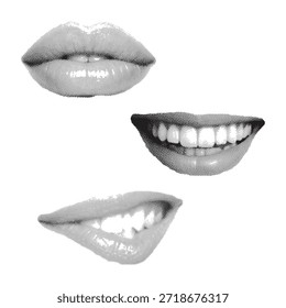 Montaje de tres primeros planos diferentes de labios humanos. Uno muestra los labios cerrados, otro muestra una boca sonriente con dientes y el tercero muestra una vista lateral de los labios. Estilo de patrón de puntos de semitono.