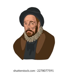 Montaigne (1533 - 1592). 16th century French essayist. His most important work is his book Essays. Vector illustration portrait.