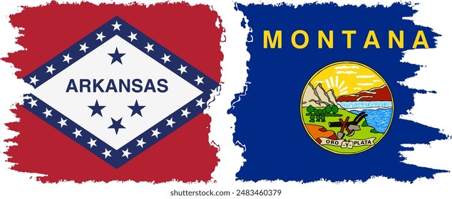 Montana and Arkansas states grunge brush flags connection, vector