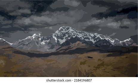 Montana Ausangate seen from Pacchanta, vector illustration, Ausangate 6,384 m, Cordillera del Vilcanota in the department of Cuzco, Peru, Cordillera de los Andes