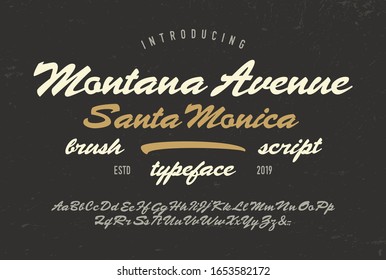  " Montana Avenue, Santa Monica". Original Vintage Brush Script Font. Retro Typeface. Vector Illustration.